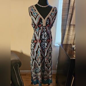 Luck Brand Jean Bohemian Floral Maxi Dress in Teal and Black